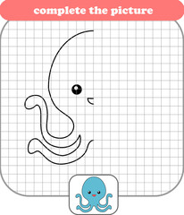 Complete the picture and coloring. Octopus. Coloring book. Educational game for children. Vector illustration. 