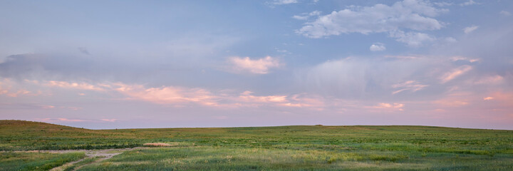 Fototapeta premium dusk over green prairie - Pawnee National Grassland in Colorado, late spring or early summer scenery, panoramic web banner