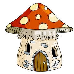Mushroom house. Fairy tale children drawing. Fabulous natural dwelling. Cute cartoon illustration
