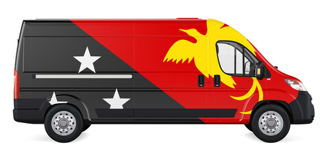 Naklejka premium Papuan New Guinean flag painted on commercial delivery van. Freight delivery in Papua New Guinea, concept. 3D rendering
