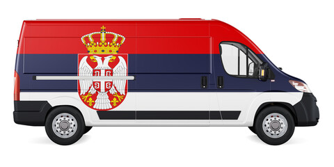 Serbian flag painted on commercial delivery van. Freight delivery in Serbia, concept. 3D rendering