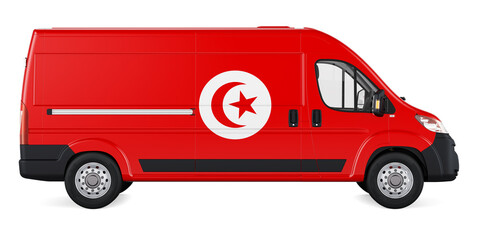 Tunisian flag painted on commercial delivery van. Freight delivery in Tunisia, concept. 3D rendering