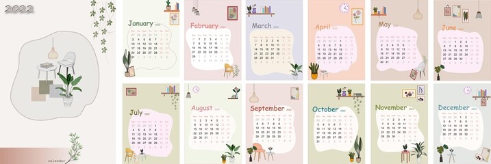 Calendar template for 2022. Vertical design with interior architecture and furnishings. Editable vector illustration, set of 12 months with covers. The week starts on Monday.
