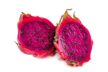 Fresh purple dragon fruit and the cut is isolated on white background. Beautiful fresh red dragon fruit on a white background