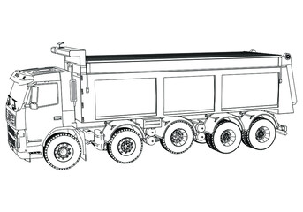 Vector contour Dump truck illustration. Isolated white outline tipper lorry.