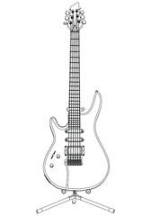 Fototapeta premium Classical guitar outline vector illustration. String plucked musical instrument. Blues or rock equipment. Isolated on white background