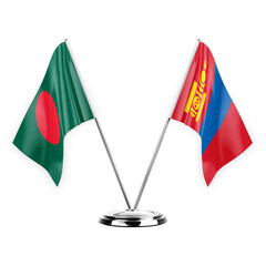 Two table flags isolated on white background 3d illustration, bangladesh and mongolia