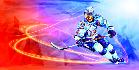 Olympic games Beijing 2022. hockey player. The polygonal colourful triangles figure of a hockey player. Vector illustration in a geometric triangle of XXIV style Winter games