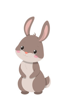 Cute bunny standing. Stickers and badges for children with rabbit. Character listening to something with enthusiasm. Charming animal. Cartoon flat vector illustration isolated on white background