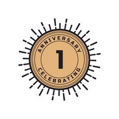 Vintage Retro 1 Year Anniversary Celebration with Firework Color. Happy Anniversary Greeting Celebrates Event Isolated on White Background