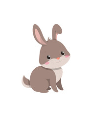 Small bunny sitting. Stickers and badges for children with rabbit. Cute and charming character looks up. Kid animal, mammal, forest. Cartoon flat vector illustration isolated on white background