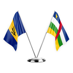 Two table flags isolated on white background 3d illustration, barbados and central african republic