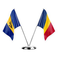 Two table flags isolated on white background 3d illustration, barbados and chad
