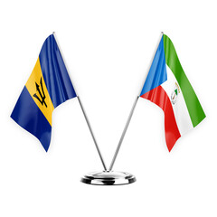 Two table flags isolated on white background 3d illustration, barbados and equatorial guinea