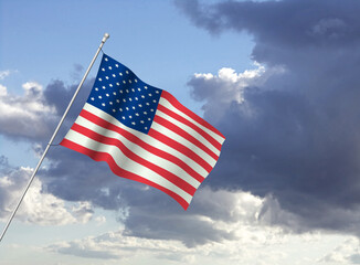 Flag of the United States of America on a stick, dark clouds in the background