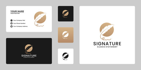 golden signature feather pen logo design. classic stationery logo template