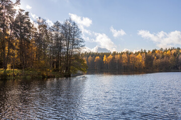 Sunny autumn in the park. Autumn landscape with colorful yellow, orange and red trees and reflection in the pond.