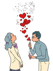 a young man and a girl in love with valentines, soap bubbles