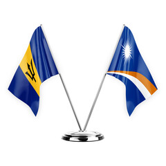 Two table flags isolated on white background 3d illustration, barbados and marshall islands