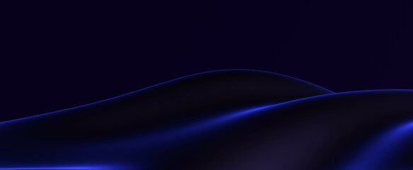 Fototapeta premium Blue glowing waves lines on futuristic dark background. Bright wiggly lines with soft 3d render neon flashes. Night landscape with abstract hills of night desert