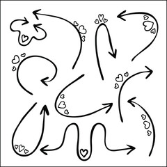 Set of heart shaped arrows for invitations, menu, wedding, greeting card decoration. Vector pointers in black and white. Decoration for Saint Valentine's day.