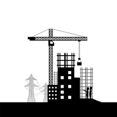 Construction of buildings in black color on a white background in flat design.