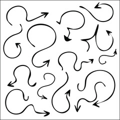 Set of funny arrows for menus, wedding, greeting cards decoration. Vector pointers in black and white. Simple arrow design.