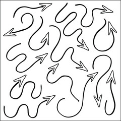 Set of funny arrows for menus, wedding, greeting cards decoration. Vector pointers in black and white. Simple arrow design.