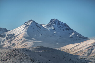  Beautiful winter landscape. Snow covered mountains. Aragats, Armenia
