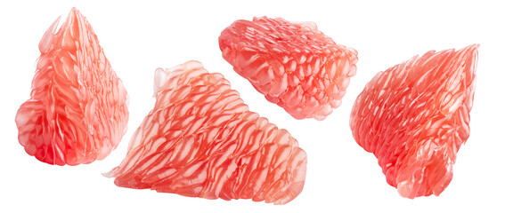 Pieces of grapefruit pulp isolated on white background. Fragments of grapefruit segments.