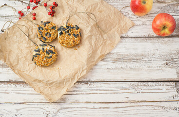 Treats for wild birds. Homemade donuts from apple seeds and lard on a white wooden background. View...