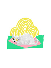 Cat on a green pillow and yellow pattern