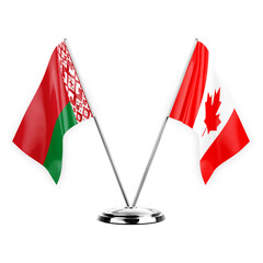 Two table flags isolated on white background 3d illustration, belarus and canada