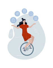 Skillful businesswoman or entrepreuner. Girl on wheel juggles several objects. Metaphor for successful, efficient and productive employee. Motivation and management. Cartoon flat vector illustration © Rudzhan