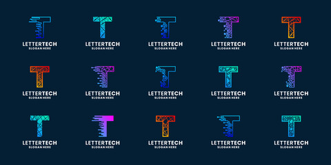 set of modern letter T technology logo design inspiration with gradient color - obrazy, fototapety, plakaty