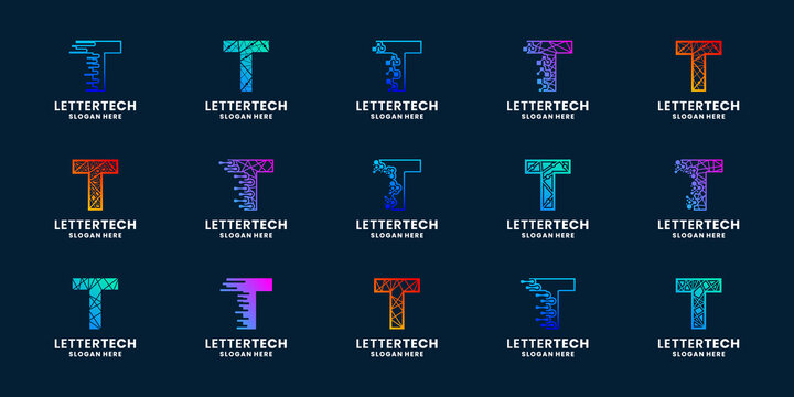 set of modern letter T technology logo design inspiration with gradient color