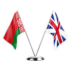 Two table flags isolated on white background 3d illustration, belarus and britain