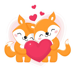 Adorable couple of valentine foxes with heart.