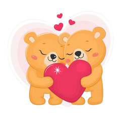 Adorable couple of valentine bears with heart.