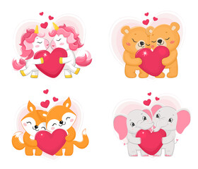 Set of adorable couple of valentine animals with hearts.