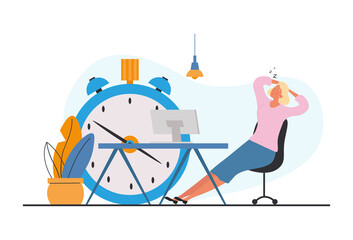 Dont want work. Girl sits on background of clock, metaphor of procrastination. Character sits on chair, laying his arms behind head. Ineffective and useless worker. Cartoon flat vector illustration - obrazy, fototapety, plakaty