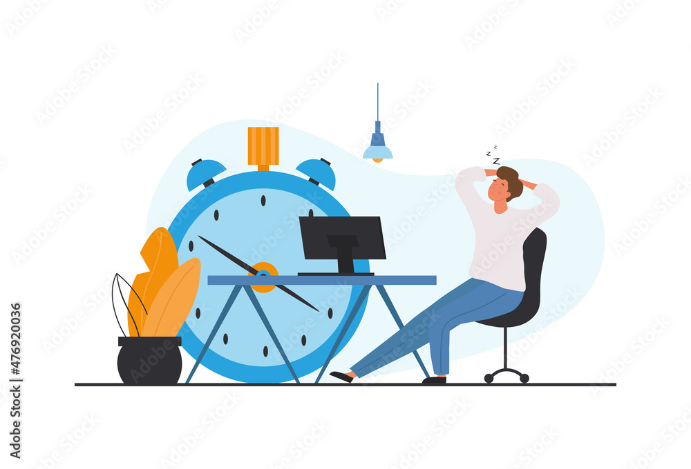 Poster concept of procrastination. man delay tasks. guy sits on background of clock, metaphor of lazy peopl