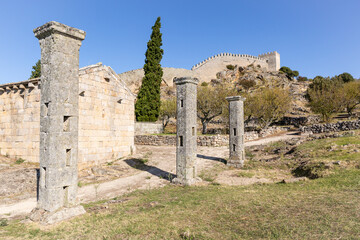 Santa Maria church and granite columns (at the south door - Porta do Sol) inside the medieval walled village of Numao, Vila Nova de Foz Coa, Guarda, Portugal