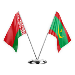 Two table flags isolated on white background 3d illustration, belarus and mauritania