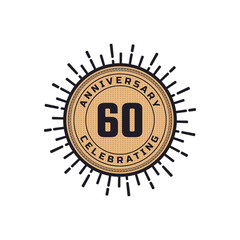 Vintage Retro 60 Year Anniversary Celebration with Firework Color. Happy Anniversary Greeting Celebrates Event Isolated on White Background