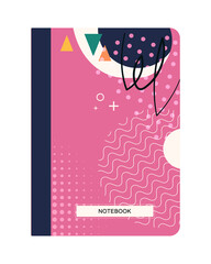 Notebook cover pink. Stylish and bright design for covers and banners. Notebooks for girls, educational supplies. Abstract patterns and lines, minimalistic picture. Cartoon flat vector illustration