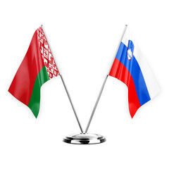 Two table flags isolated on white background 3d illustration, belarus and slovenia