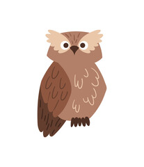 Chubby brown owl. Forest and fauna, adorable birds, night life, wildlife, flying. Characters for childrens, stickers and badges. Cartoon flat vector illustrations isolated on white background