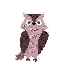 Cute dark brown owl. Fancy Halloween costumes, night in forest, fauna and birds, baby. Characters for childrens, stickers and badges. Cartoon flat vector illustrations isolated on white background