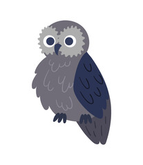 Big gray owl. Beautiful animals in unusual coloring, blue feathers, fauna and birds. Characters for childrens, stickers and badges. Cartoon flat vector illustrations isolated on white background
